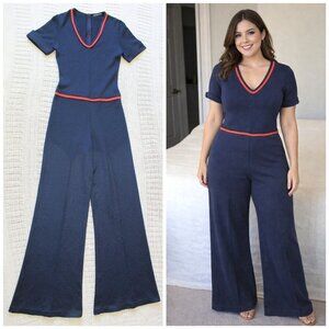 Vintage Women's Jumpsuit Palazzo Size 8 Blue & Orange Y2K Short Sleeve Preppy